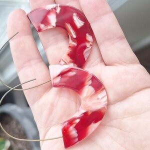 Acrylic Red and Pink Marbled Crescent Earrings